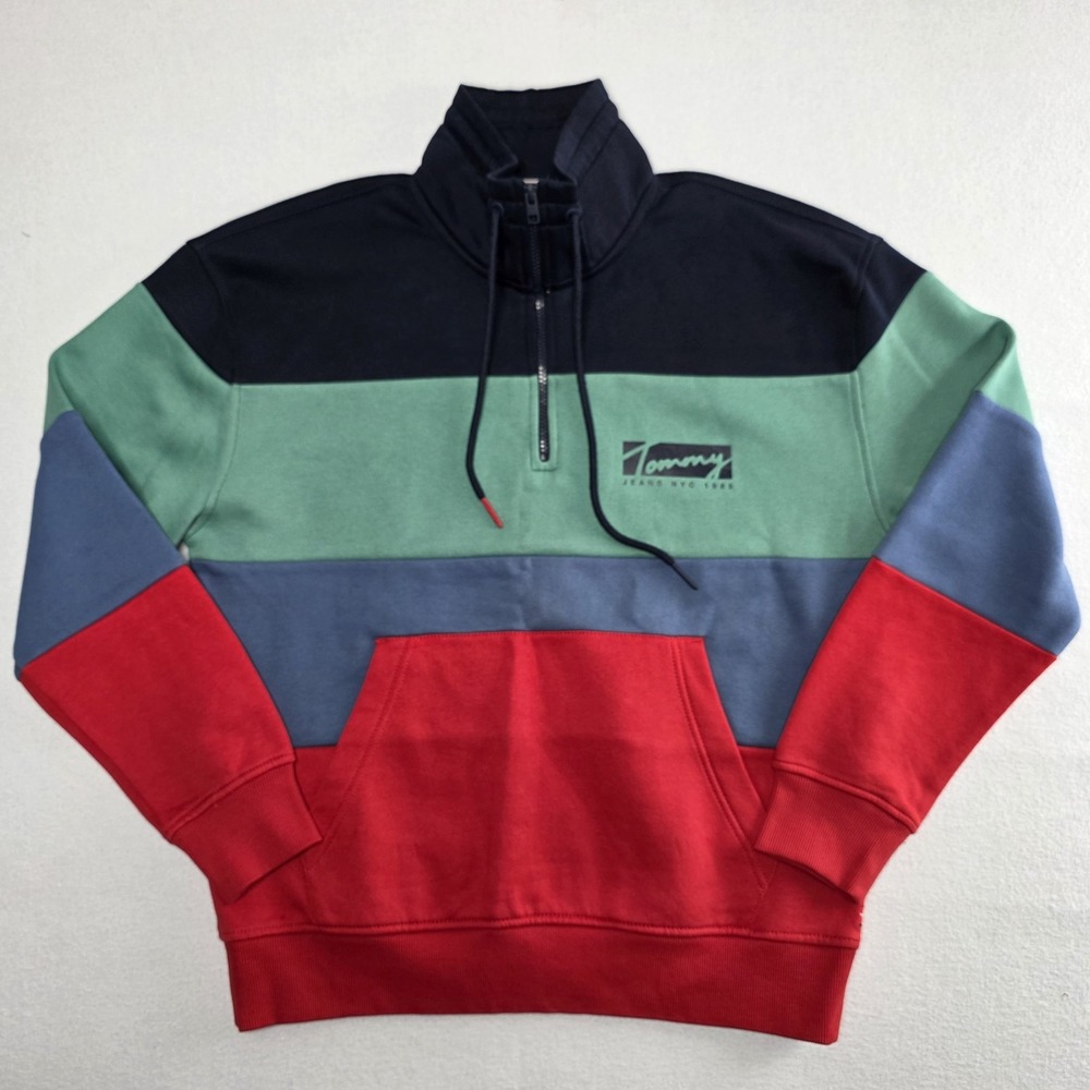 90s Tommy Hilfiger Jeans 1/4 Zip Sweat Shirt Front Pouch Drawsting Stripe Men M